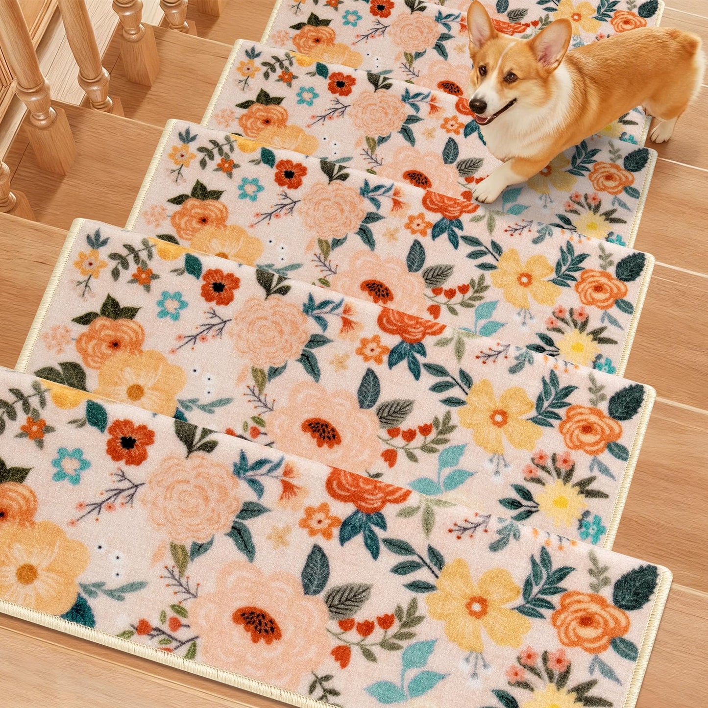 RORA Bullnose Stair Treads for Wooden Steps,Non-Slip Peel and Stick Stair treads Stair Carpet for Indoor Runner and Pets,Floral Stair Rugs,Soft Washable Staircase 7pcs 29.5 ''x9.5 ''x1.5 ''