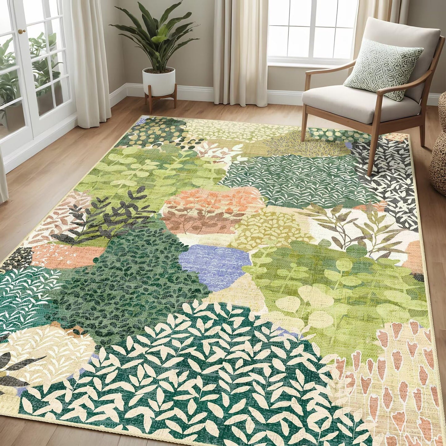 DEXDE Washable Area Rug 3x5 for Living Room, Tropical Vintage Leaf Botanical Rugs Non Slip Soft Kids Room,Abstract Small Boho Carpet for Bedroom, Entryway, Kitchen, Office Dining Room,Green