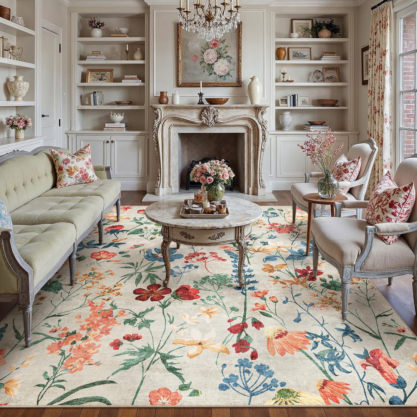 PureCozy Beige Area Rug 8x10 Floral Washable Living Room Kitchen Boho Carpet Non Slip Low Pile Indoor Accent Lightweight Soft Throw Rug for Bedroom Office Dining Room Nursery Farmhouse