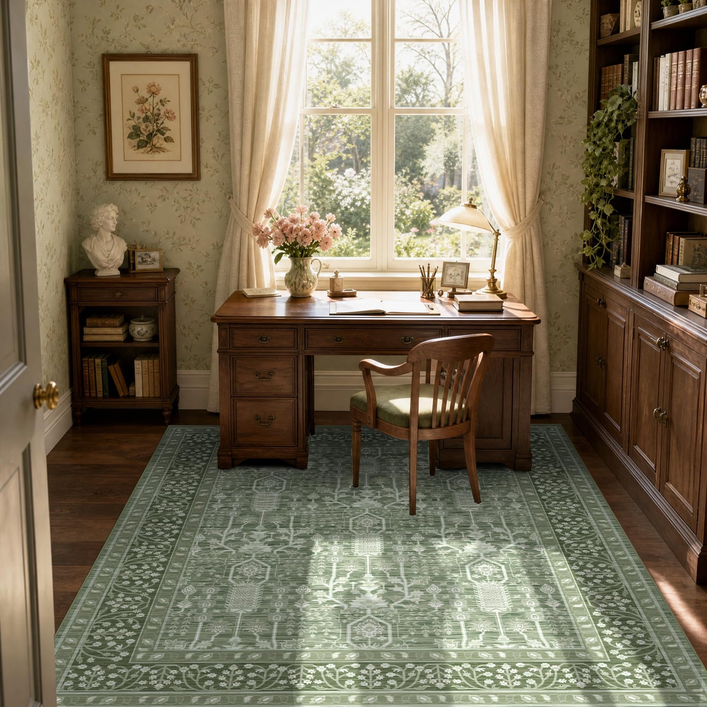 Deerly Boho Area Rug 4x6 Vintage, Thin Low Pile Soft Carpet with Non-Slip Backing Machine Washable Easy Clean Rugs for Kitchen Living Room Bedroom Dorm Laundry, 4x6ft Green