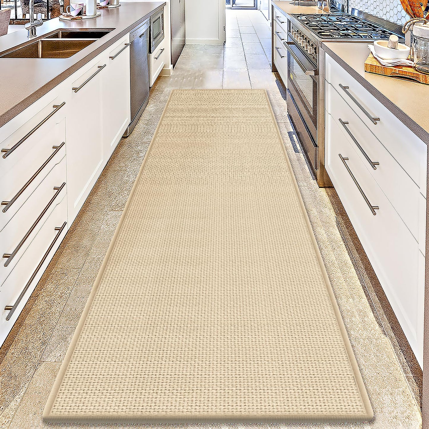 GOYLSER 15 ft Jute Running Rugs for Hallway, Kitchen Rug Runner Non Slip Washable Absorbent Hall Runner Rug, Beige Runner for Kitchen Floor Non Slip