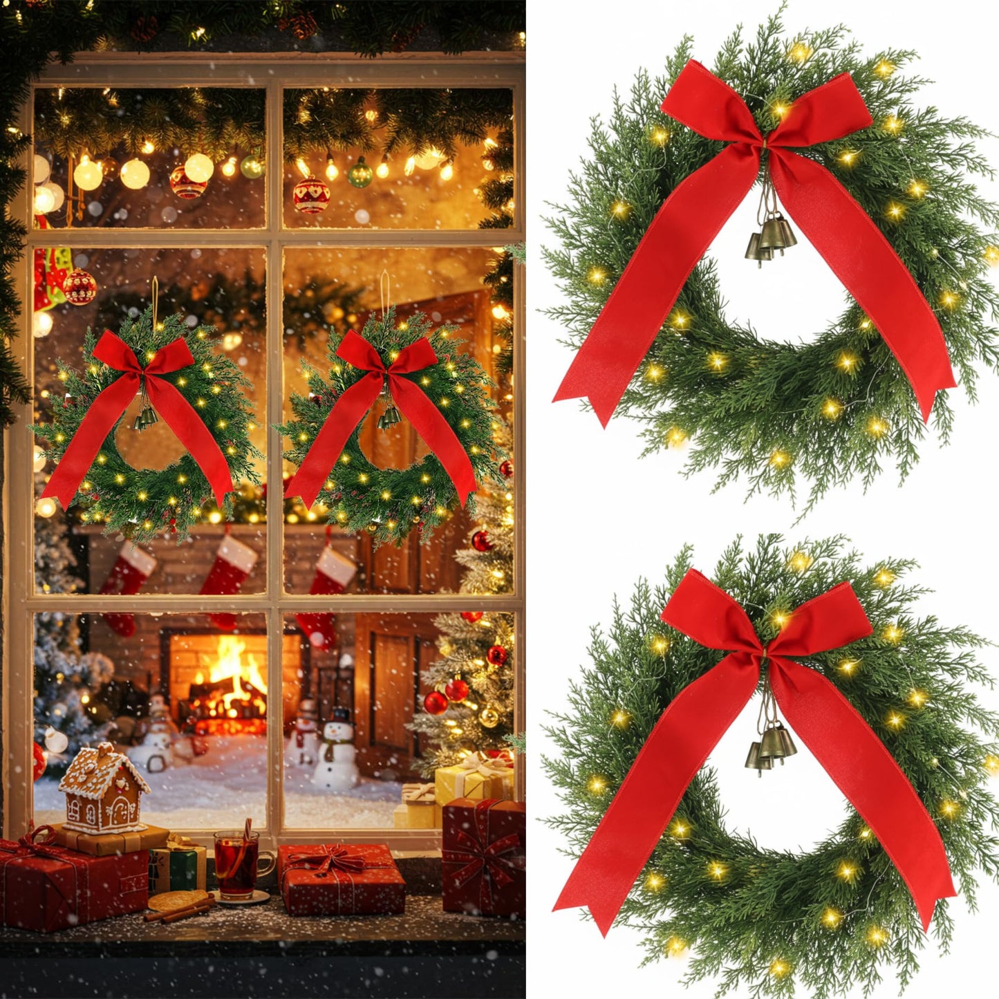 2 Pcs 20 Inch Pre-lit Christmas Cedar Wreaths with Bow Bells Artificial Norfolk Pine Lighted Xmas LED Christmas Swags Wreath for Indoor Outdoor Windows Porch Wall Home Decor