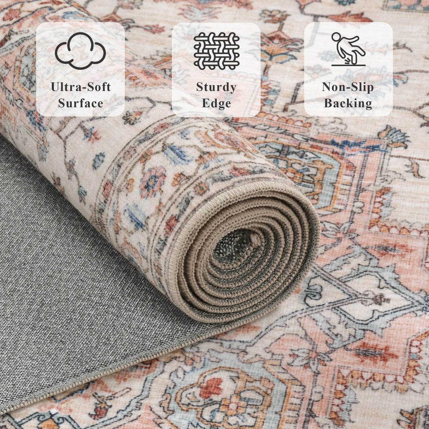 5x7 Area Rugs for Living Room Ultra-Soft Washable Rug Vintage Distressed Boho Area Rug, Non-Slip Retro Print Low Pile Stain Resistant Carpet for Bedroom Dining Room Kitchen Office