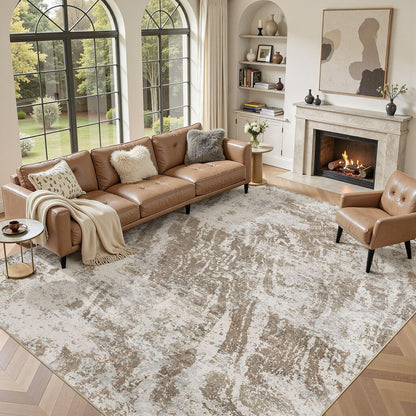 DMOYEST 10x14 Washable Area Rug: Abstract Modern Non-Slip Carpet, Soft Low Pile Indoor Neutral Easy Clean Floor Rugs for Living Room Bedroom Dining Room Kids & Pets - Brown