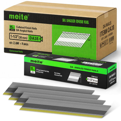 meite 15 Gauge Angled Finish Nails 1-1/2 Inch 34 Degree Nails for Pneumatic or Electric Finish Nailer, Galvanized No-Rust Finishing Nail for Cabinet Crown Baseboard Window Casing, DA Style 19,200 PCS