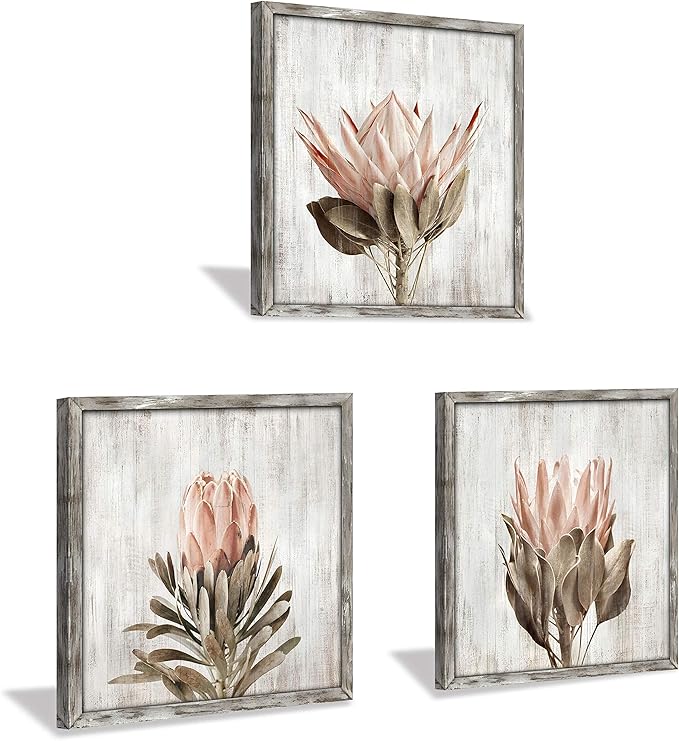 Pink Floral Wall Art Picture: Blossom Protea Flower Artwork Print on Rustic Wood Framed for Home Decor (16” x 16” x 3 Panels)