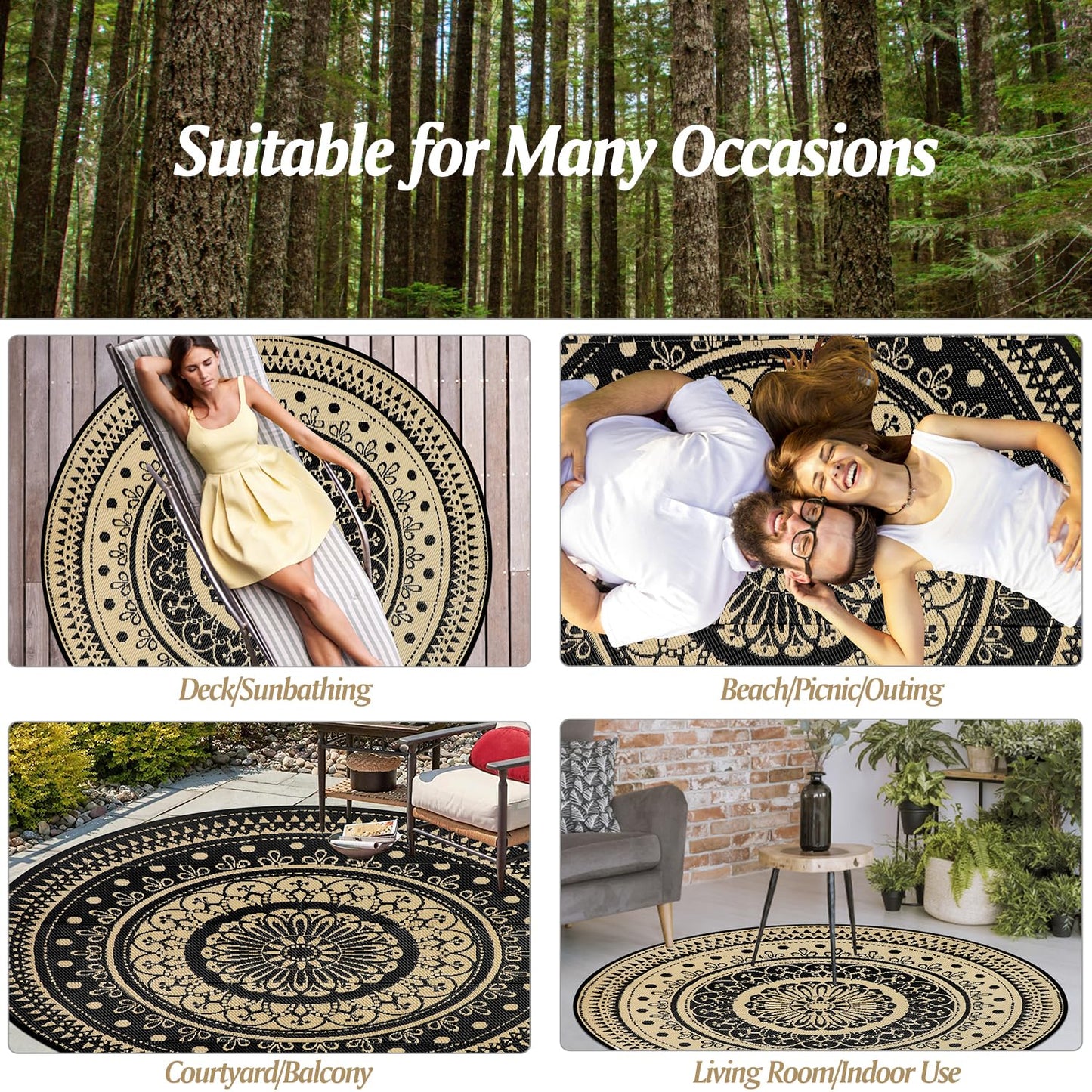 Cekene Round Outdoor Rugs Waterproof 6Ft Reversible Outdoor Patio Rugs Portable RV Camping Mats Lightweight Plastic Straw Rugs Outdoor Area Rug for Patio Picnic Beach BBQ, Black/Camel