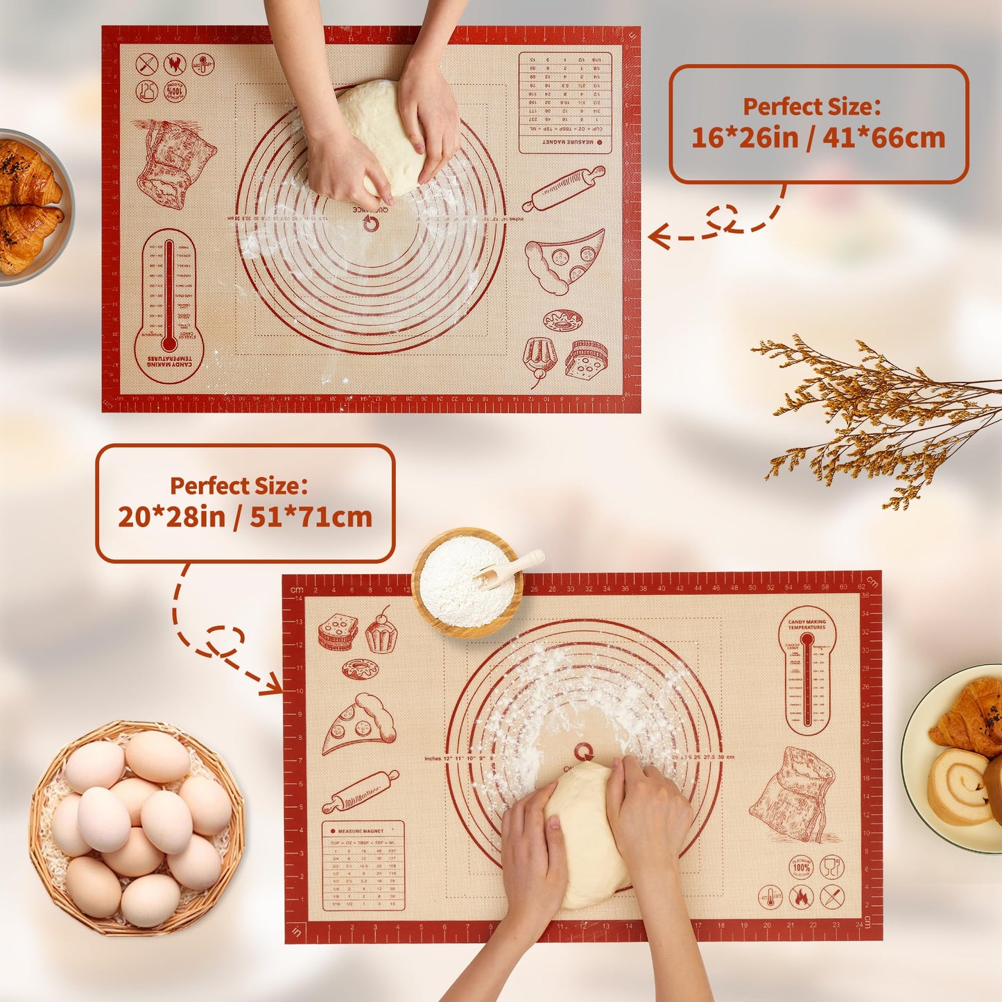 Silicone Baking Pastry Dough Mat - 26x16Inch Extra Large Cookie Bread Rolling Mats Sheet, Nonstick Kitchen Counter Kneading Board, Thick Reusable Pie Cookies Pizza Fondant Making Matt with Measurement