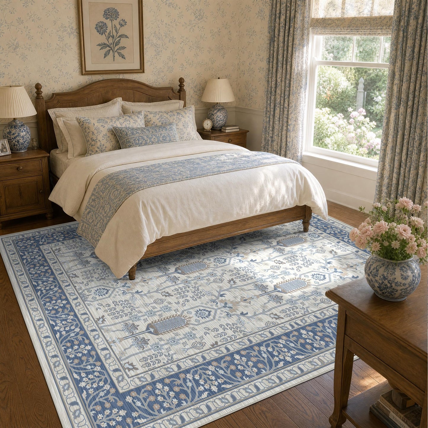 Deerly 5x7 Area Rugs Living Room, Low Pile Ultra Soft Rugs with Non-Slip Backing Machine Washable Vinatge Boho Carpet for Bedroom Playroom Nurseryroom, Kid & Pet Friendly Print Floor Blue Rug 5x7ft