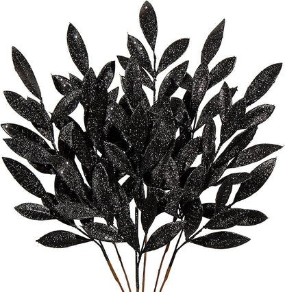 DILATATA 6Pcs Christmas Glitter Leaves Bay Leaves Spray 24" Artificial Black Bay Leaf Picks Sprays Giltter Stems for Halloween Centerpiece Christmas Home Decor Home Decor - Black