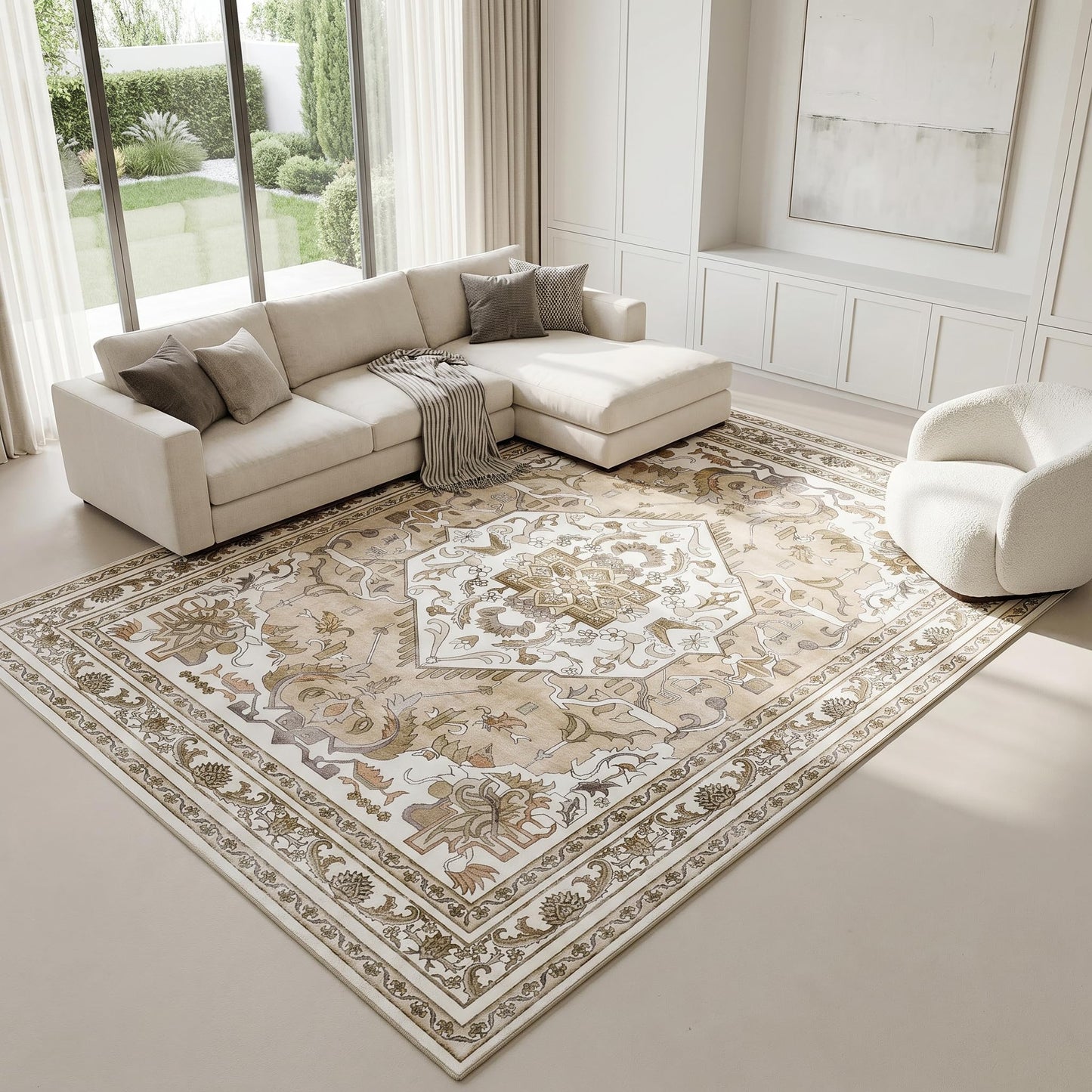 Cnythlis Extra Large Washable Area Rug Living Room Rug 9'x12', Vintage Medallion Non Slip Water Resistant Faux Wool Carpet for Bedroom Dining Room Office, 0.26" Low Pile, Beige & Ivory