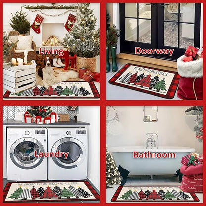 Buffalo Plaid Xmas Trees Merry Christmas Red Kitchen Rugs Set of 2, Non Skid Washable Soft Comfort Kitchen Rugs Set (17"x47"+17"x30",Merry Christmas)