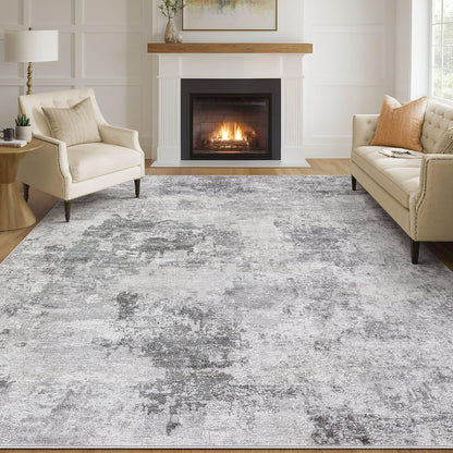 Tortania Washable 10x14 Area Rug for Living Room: Modern Abstract Neutral Large Soft Thin Rugs - Non Slip Indoor Carpet for Bedroom Dining Room Office Nursery Home Floor Decoration - Smoky Gray