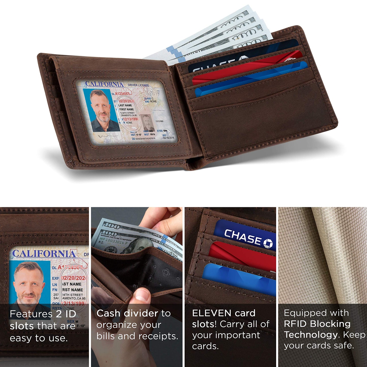 SERMAN BRANDS 2 ID Window Wallet for Men RFID Blocking Leather, Bifold Top Flip, Extra Capacity Travel Wallet (Texas Brown Executive)