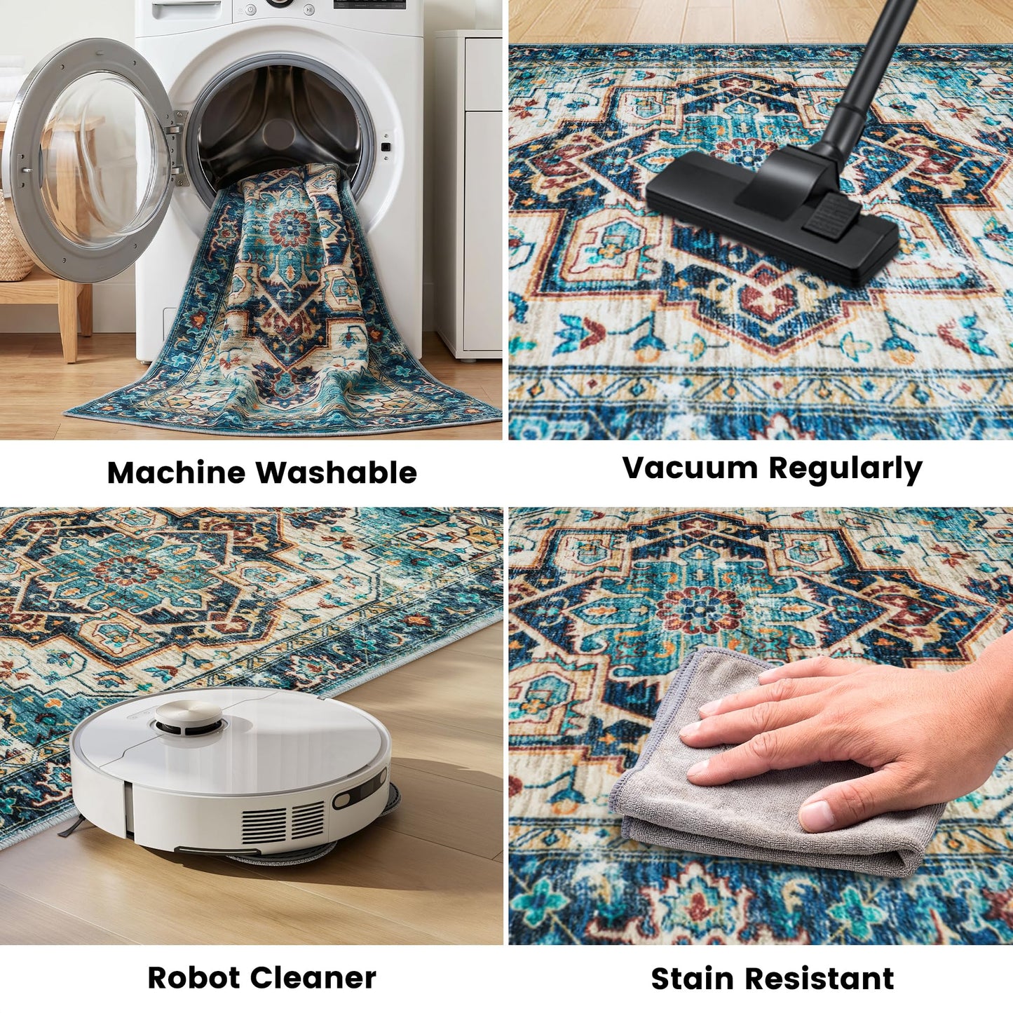 Mueinxiei Washable Vintage Area Rugs 9x12 Large Medallion Pattern Rugs, Non Slip Water Repellent Low Pile Carpet for Living Room Bedroom Dining Room Gemstone Blue