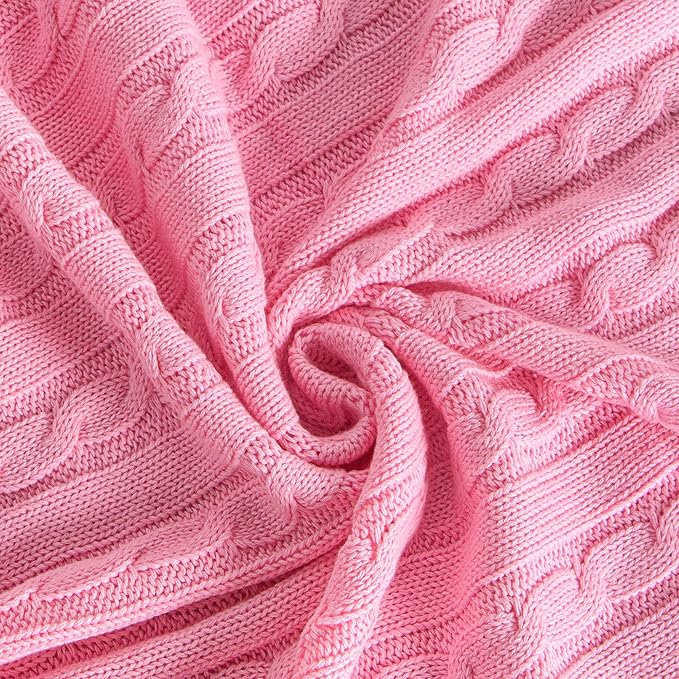 NTBAY 100% Pure Cotton Oversize (60x80) Cable Knit Throw Blanket, Super Soft Warm Knitted Throw Blanket for Bed, Sofa, Chair, Couch - Extra Cozy, Machine Washable, Comfortable Home Decor, Pink