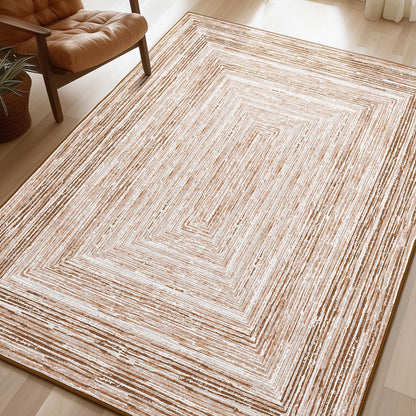 Phantoscope Washable Area Rug 5'x7' Non-Slip, Modern Neutral Boho Rugs for Living Room, Bedroom, Dining Room, Distressed Geometric Rectangle Pattern, Low-Pile Foldable Floor Carpet, Neutral Beige/Rust