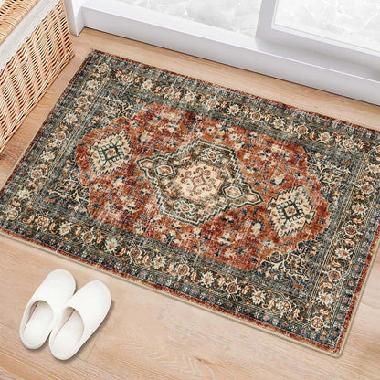 Lahome Oriental Washable Small Area Rug, 2x3 Rugs for Entryway Kitchen, Ultra-Thin Soft Indoor Door Mat Non Slip Throw Carpet for Bedroom Bathroom Eleanor, Brick Red