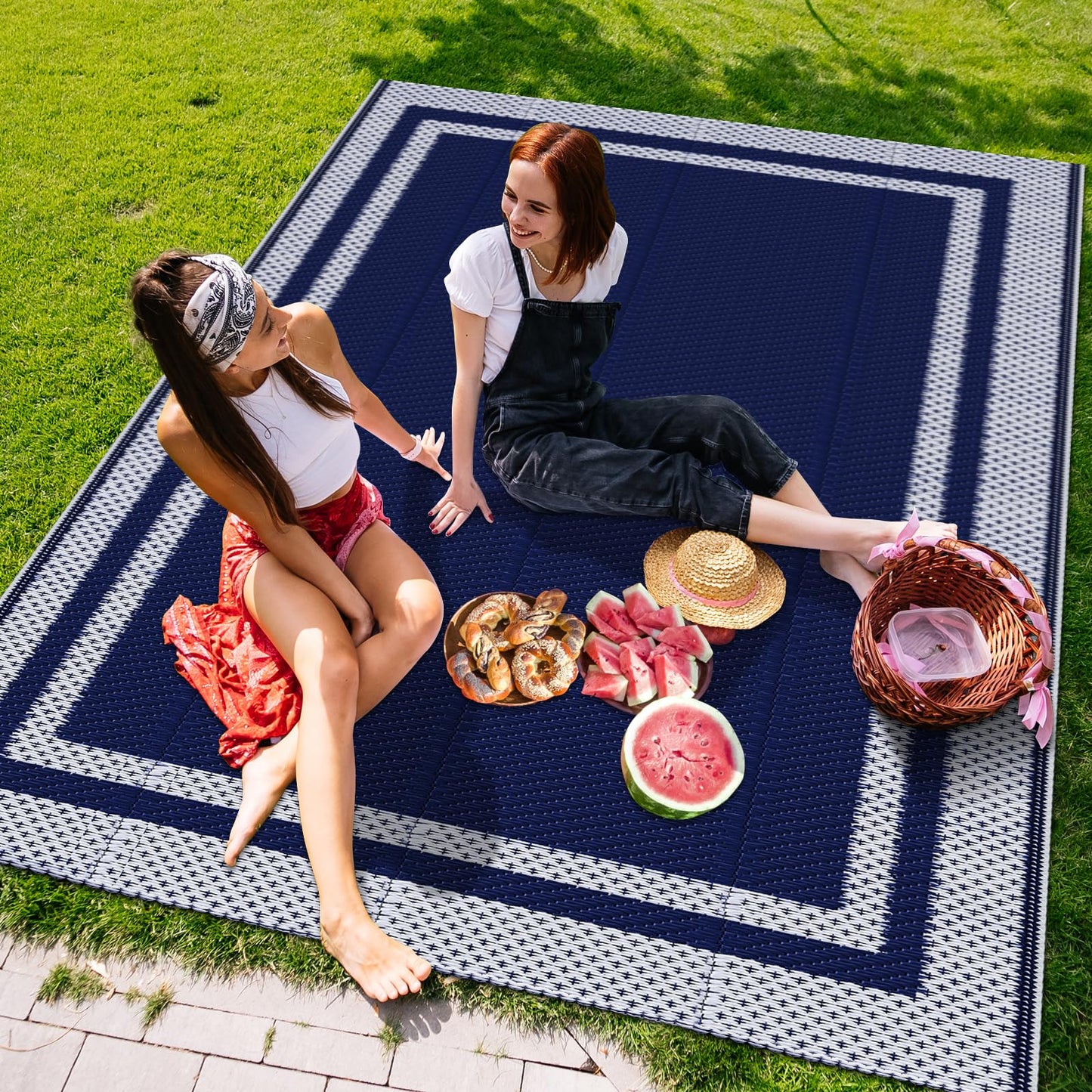 KMAT Outdoor Rug, Waterproof Reversible Patio Rugs, 5x8ft Large Outdoor Area Rug Foldable Plastic Camping Rugs for Outside RV, Patio,Picnic,Camper,Balcony,Porch (Blue &White)