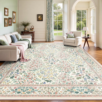 Yarooge 8x10 Area Rugs, Machine Washable Low Pile Floral Rugs for Living Room, Bedroom, Large Boho Area Rug with Non-Slip Backing for Dining Room(Pink Floral)