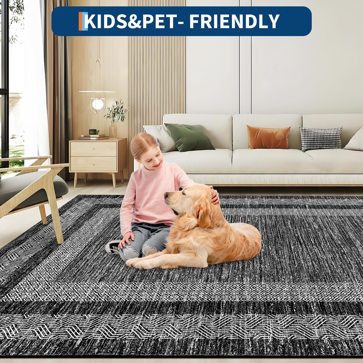 GarveeHome Area Rug 8x10 Modern Geometric Living Room Rug Non Slip, Thin Washable Carpet, Soft Non Shedding Foldable Floor Covering, Low Pile Thin Printed Mats for Bedroom Office, Black