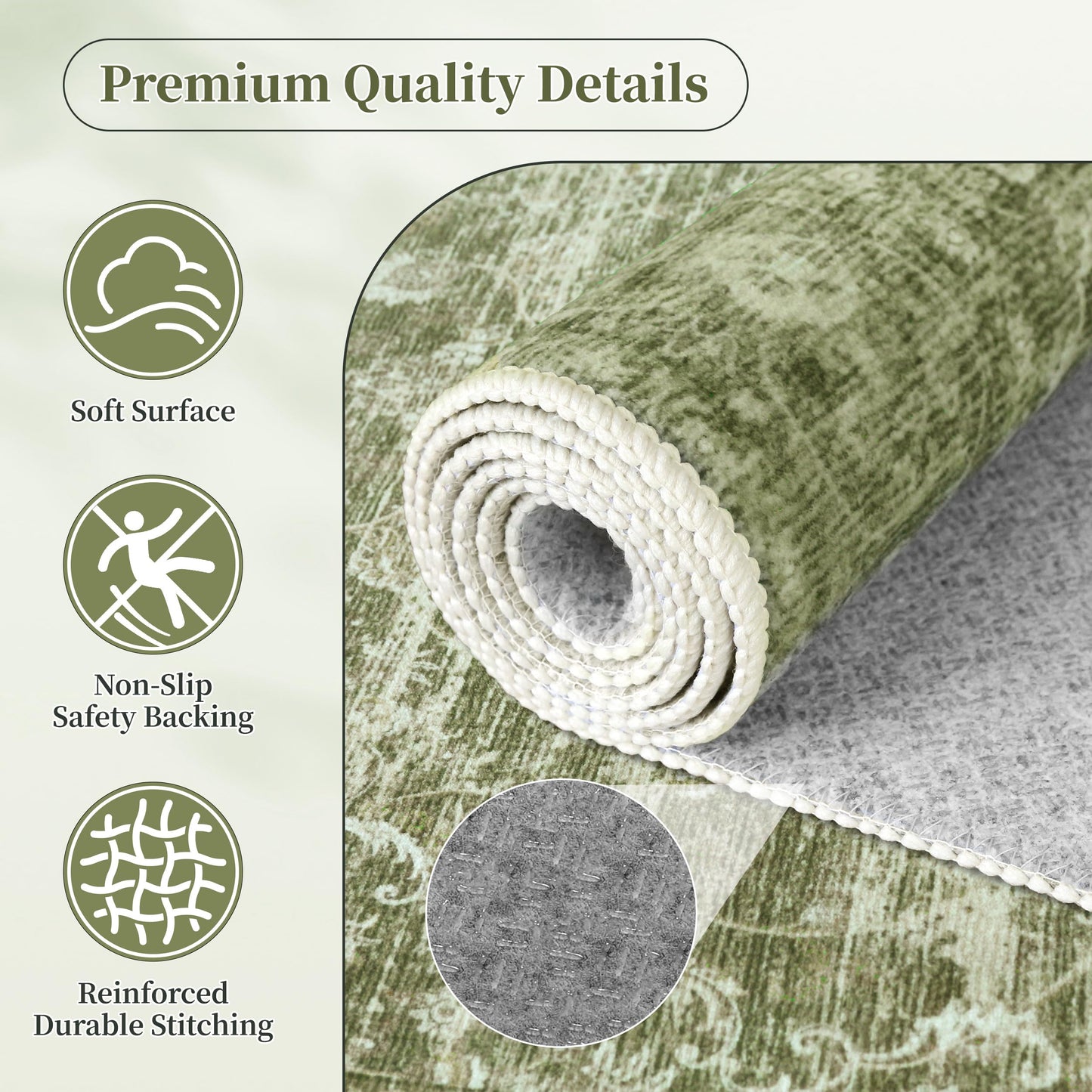 TTelephant Washable Rugs 5x7, Vintage Medallion Carpet for Bedroom, Living Room and Dining Room, Low Pile Sage Green Rug with Non-Slip Silicone Backing, Non-Shedding Stain Resistant