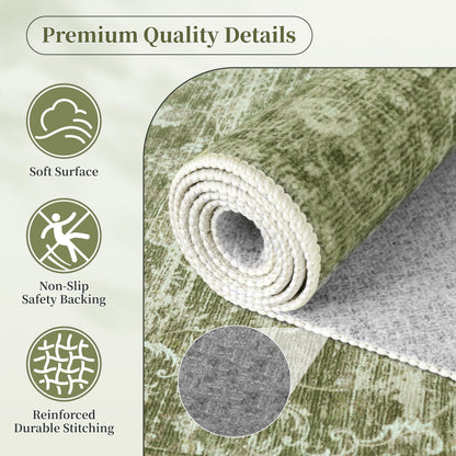 TTelephant Washable Rugs 5x7, Vintage Medallion Carpet for Bedroom, Living Room and Dining Room, Low Pile Sage Green Rug with Non-Slip Silicone Backing, Non-Shedding Stain Resistant