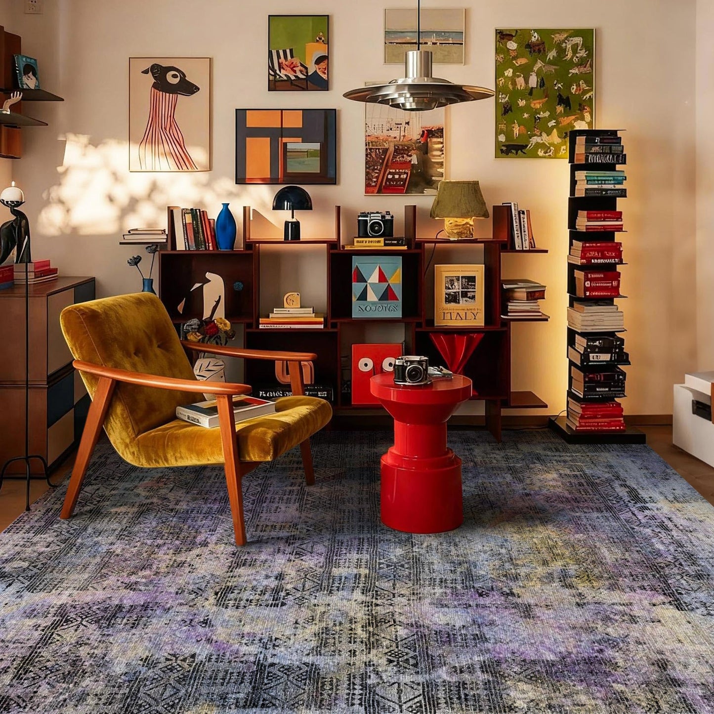 Kokia Abstract Area Rugs Washable Indoor 6x9 Rug Boho Distressed Retro Low Pile Non-Slip Non-Shedding Black Purple Carpet Bedroom Living Room Dining Room, Violet and Slate Blue