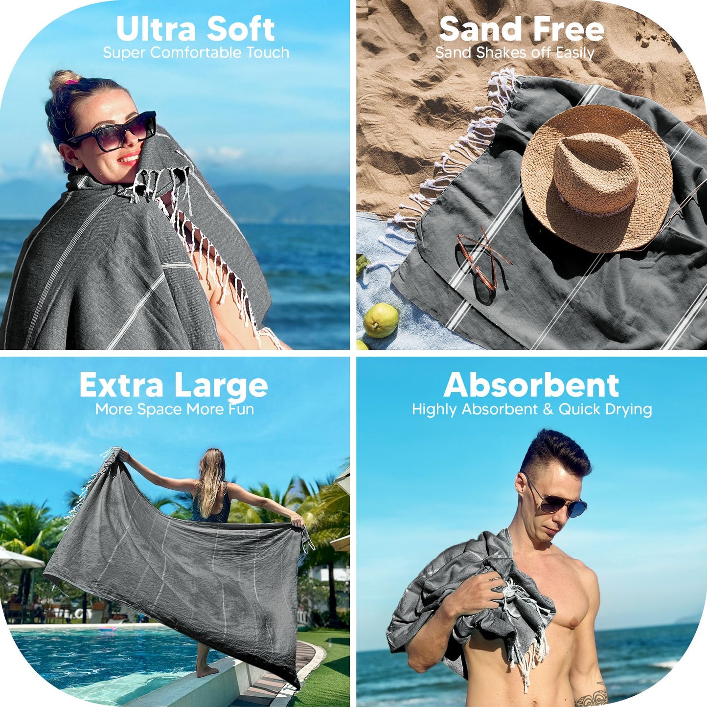 Utopia Towels Pack of 2 Turkish Beach Towel, 40 by 72 Inches, Oversized 100% Cotton, Sand Free Lightweight Absorbent Quick-Dry Beach Blanket, Extra Large Turkish Bath Towels for Travel and Pool, Grey