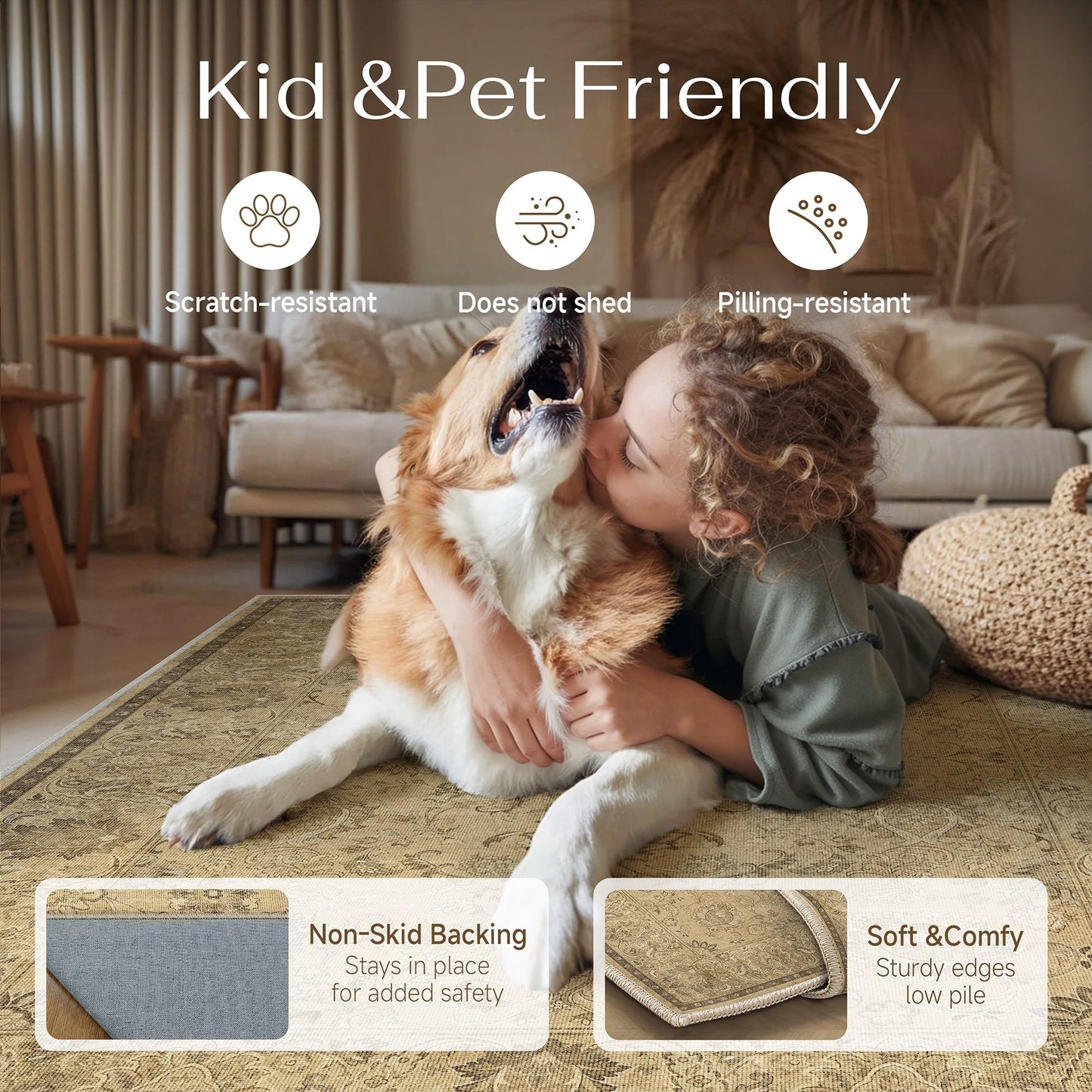 HUGEAR 3x5 Machine Washable Area Rugs Vintage Brown - Neutral Non Slip Stain Resistant Low Pile Aesthetic Throw Carpet Kids & Pet Friendly for Living Room Kitchen Dining Room Laundry