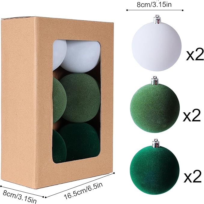 Amooca 3.15in Large Christmas Balls Ornaments Flocking Xmas Tree Hanging Decoration New Year Holiday Party Baubles 6pc Set White Green