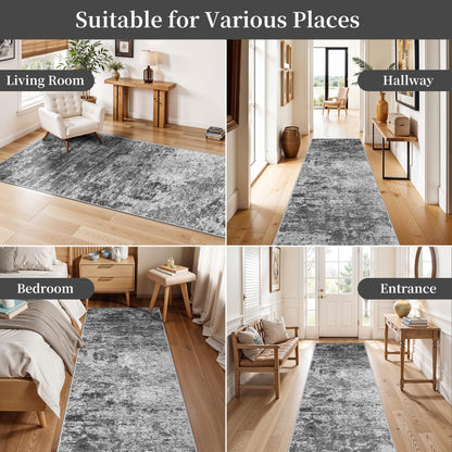 Washable Kitchen 2x10 Runner Rug: Non-Slip Low Pile Hallway Runner Modern Abstract 10ft Long Rugs for Entryway Living Room Soft Thin Stain Resistant Carpet for Bedroom Bathroom(Black/Grey/White, 2X10)
