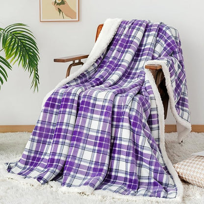 Touchat Sherpa Plaid Throw Blanket, 60" X 70"Fuzzy Fluffy Cozy Soft Blanket, Fleece Flannel Plush Twin Size Microfiber Blanket for Couch Bed Sofa,Purple