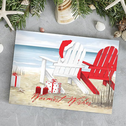 Masterpiece Beach Chairs Cards / 16 Warmest Wishes Coastal Holiday Card Set With Red Foil And White Envelopes / 5 5/8" x 7 7/8" Tropical Vacation Greeting Cards With Meaningful Inside Verse