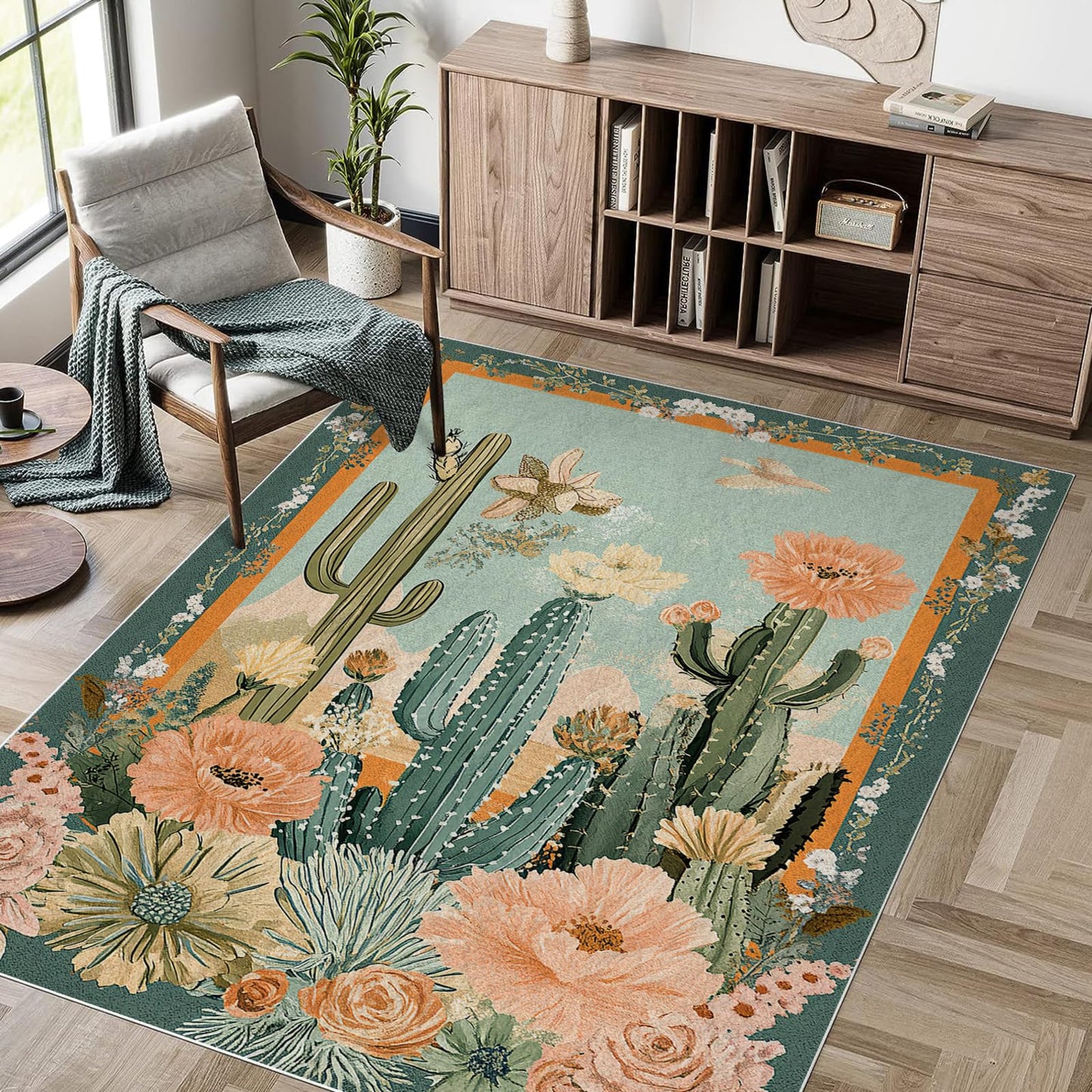 5x7 Cactus Flower Area Rugs Boho Tropical Floral Botanical Green Rug for Living Room Indoor Soft Non-Slip Thin Carpet Modern Abstract Rugs for Dining Room Bedroom Under Table Washable Machine