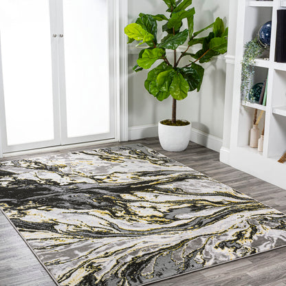 JONATHAN Y Swirl Marbled Black/Yellow Indoor Area Rug 3X5 ft, Abstract for Living Room, Bedroom, Kitchen, Office, Easy-Cleaning, High Traffic, Pet-Friendly, Non-Shedding SOR203D-3
