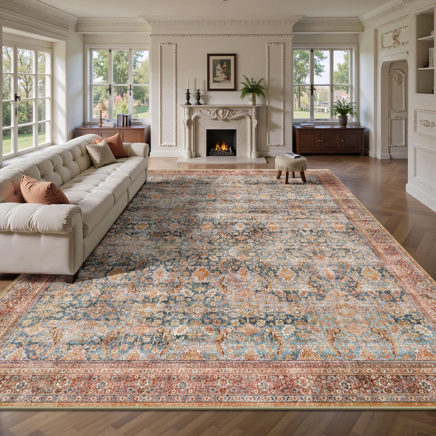 Yarooge 8x10 Area Rugs for Living Room - Washable Vintage Retro Large Rug, Soft Ultra Thin Non Slip Low Pile Traditional Distressed Boho Carpet for Bedroom Dining Room Home Office, Rust Clay