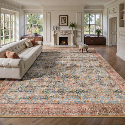 Yarooge 8x10 Area Rugs for Living Room - Washable Vintage Retro Large Rug, Soft Ultra Thin Non Slip Low Pile Traditional Distressed Boho Carpet for Bedroom Dining Room Home Office, Rust Clay