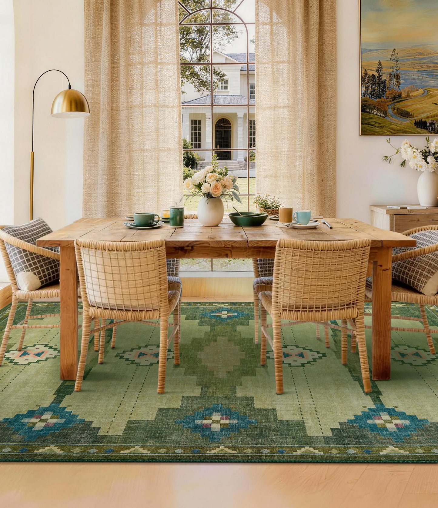 YIHOUSE Mid Century Modern Rugs for Living Room, 6x9 Green Rug No-Slip Southwestern Large Area Rug Washable Rugs for Bedroom, Dining Room