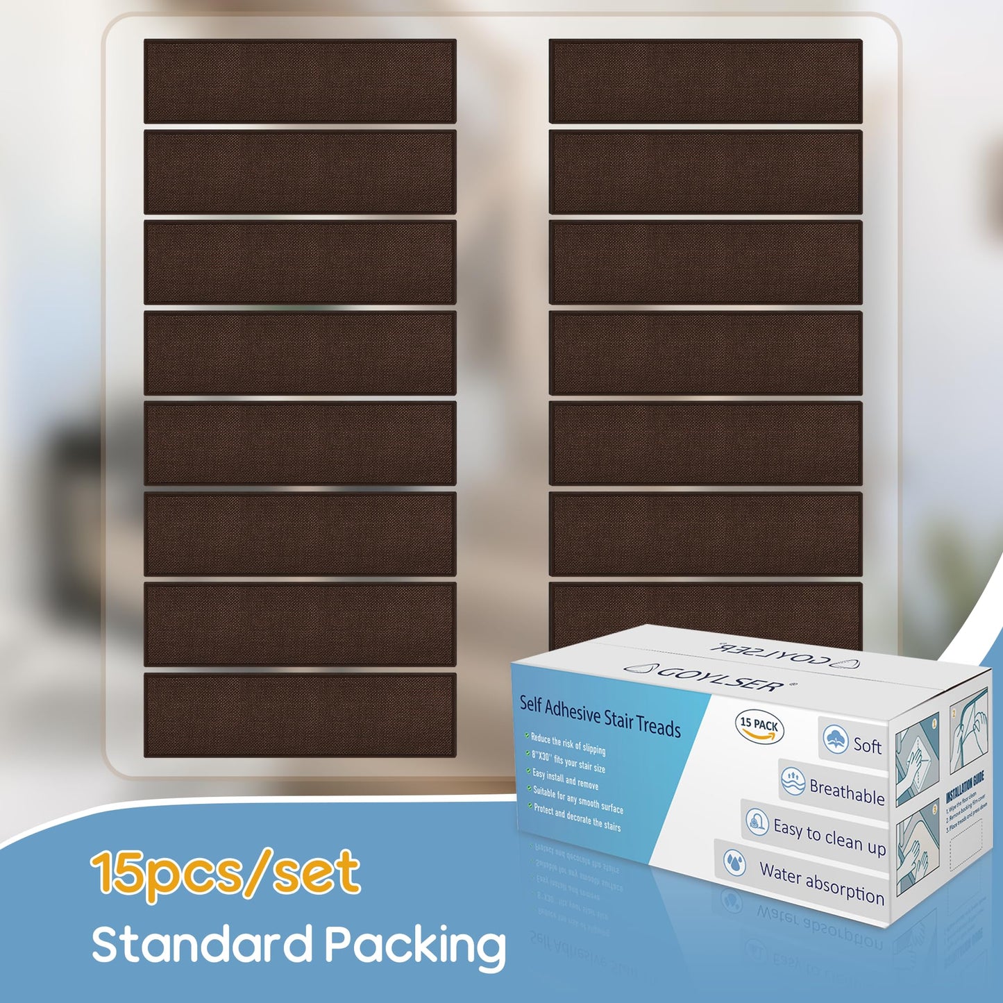 Peel and Stick Self Adhesive Jute Carpet Stair Treads, 15 Pack Rubber Backed Basement Safety Stair Mats, Non Slip Stair Cover Step Pads for Stairs, Deep Brown