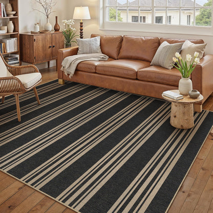 PureCozy Striped Easy Jute Rug 6x9 Black Living Room Carpet Washable Non Slip Bedroom Rug Farmhouse Neutral Non Shedding Indoor Outdoor Large Carpet for Dining Room Under Table Office