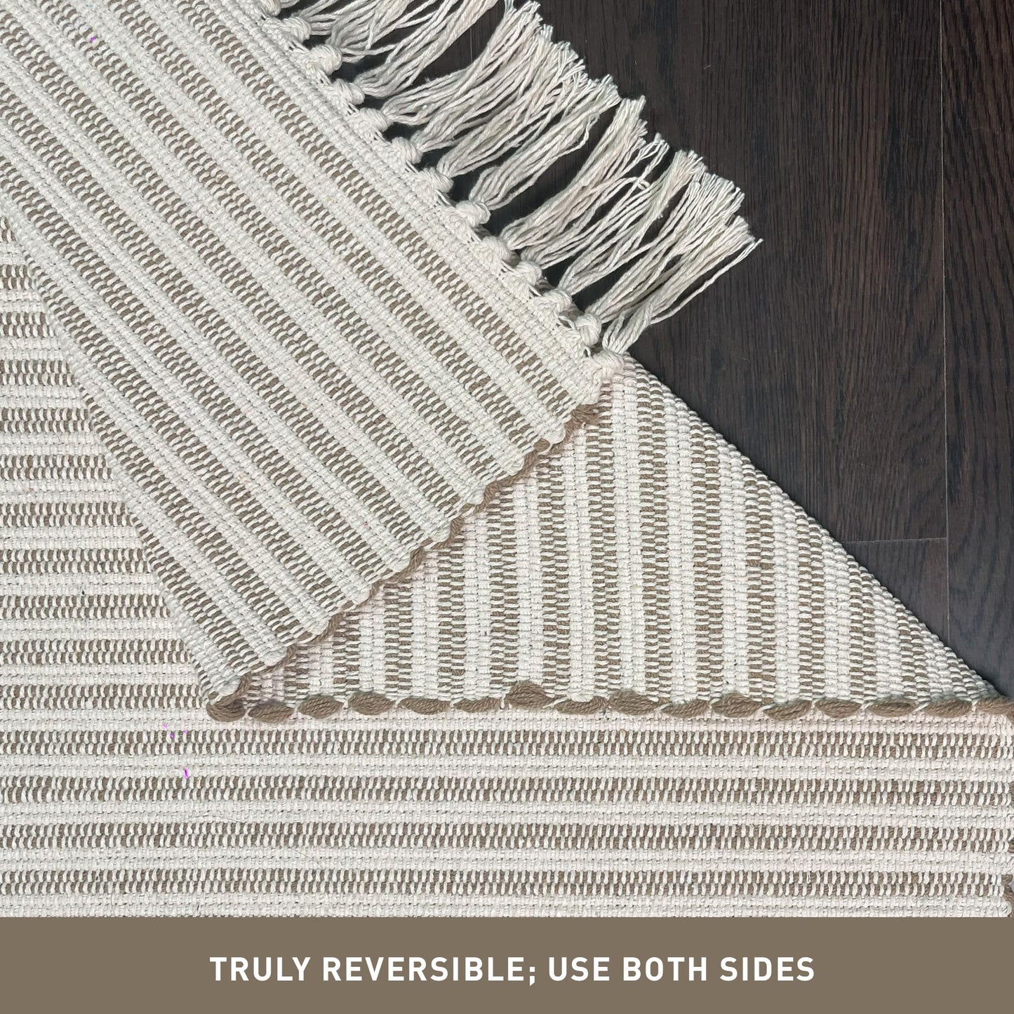 Chardin home Beige & Ivory Providence Area Rug 3x5 feet |Hand Woven Farmhouse Rug with Hand Knotted Fringes | Great in Kitchens bathrooms Living Rooms Bedroom Study | Reversible Cotton Rug
