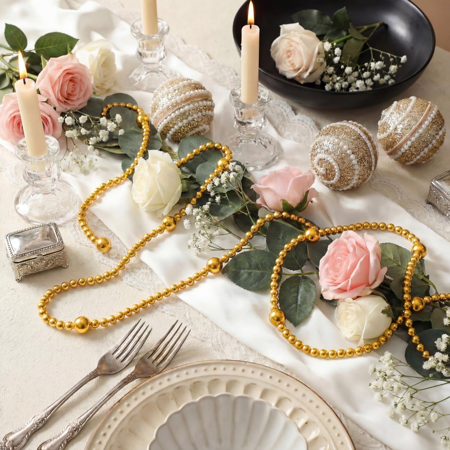 Yalikop 11.8 ft Gold Faux Pearl Beads Garland for Wedding Pearl Garland Strand Chain Wedding Decoration for Floral Centerpieces Bridesmaid Party Favor Mantel Fireplace Stairs