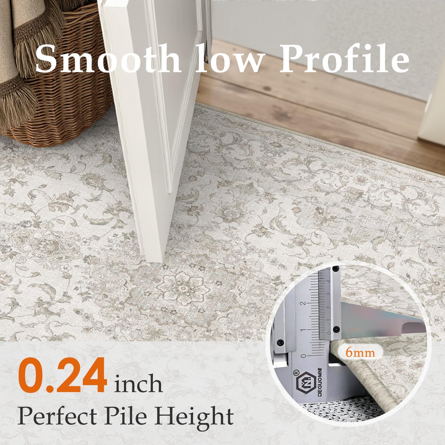HUGEAR Area Rug 8x10 Vintage Beige Machine Washable Living Room Rugs Thin Neutral Floral Vacuumable Low Pile Carpet Bedroom Office Dining Room Laundry Room Non Slip Soft Lightweight