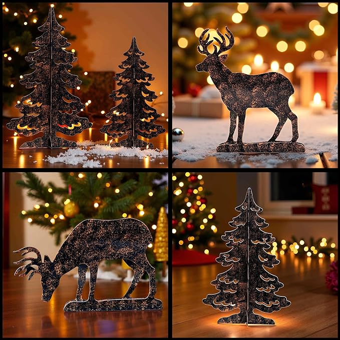 YULETIME 4-Piece Metal Christmas Reindeer and Tree Scene Silhouette Set, Winter Forest Deer & Spruce Landscape Holiday Tabletop Ornament