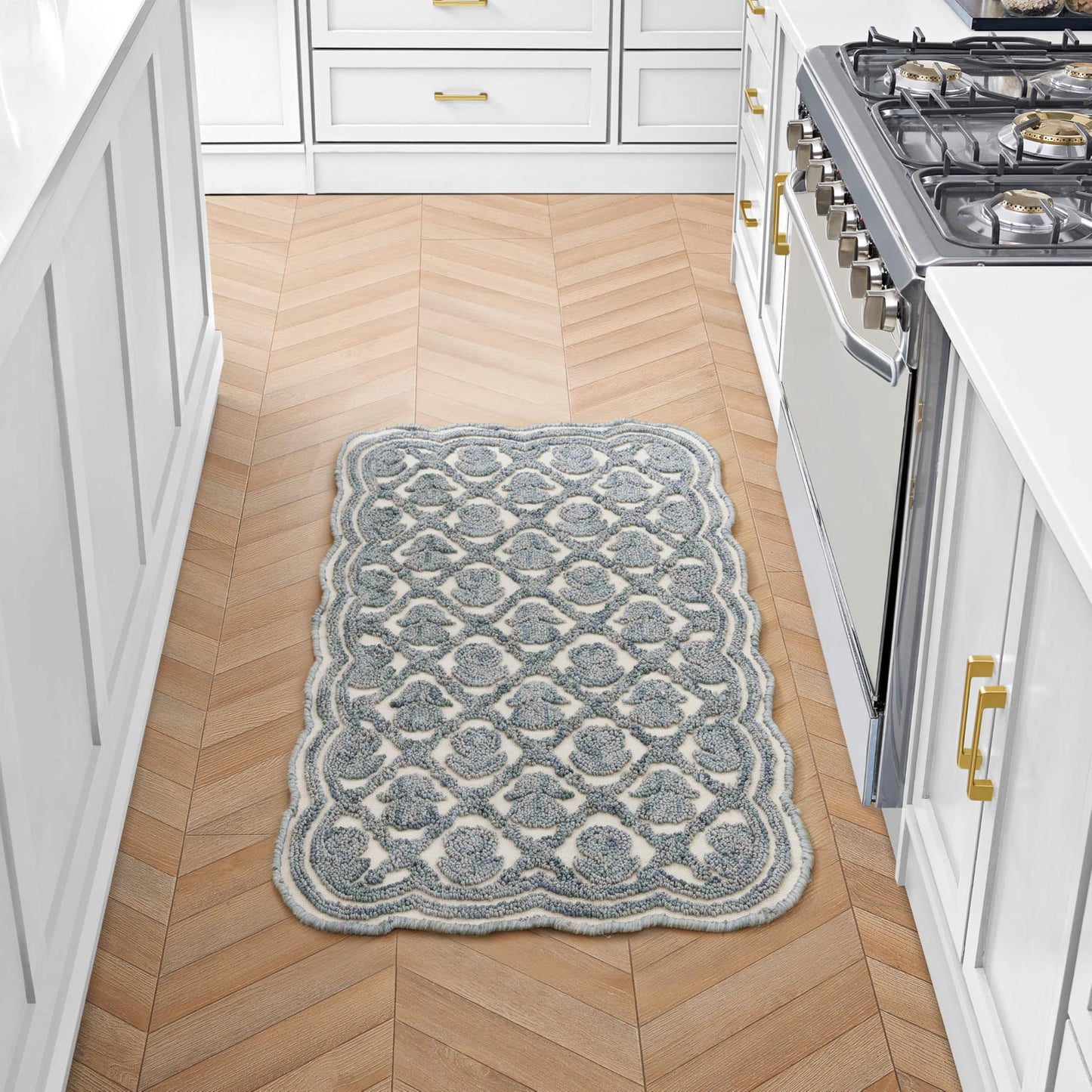 Laura Ashley Washable Scalloped 26" x 45" Teal Tulip Design Skid Resistant Accent Rug - Durable Cotton Blend Indoor Rug