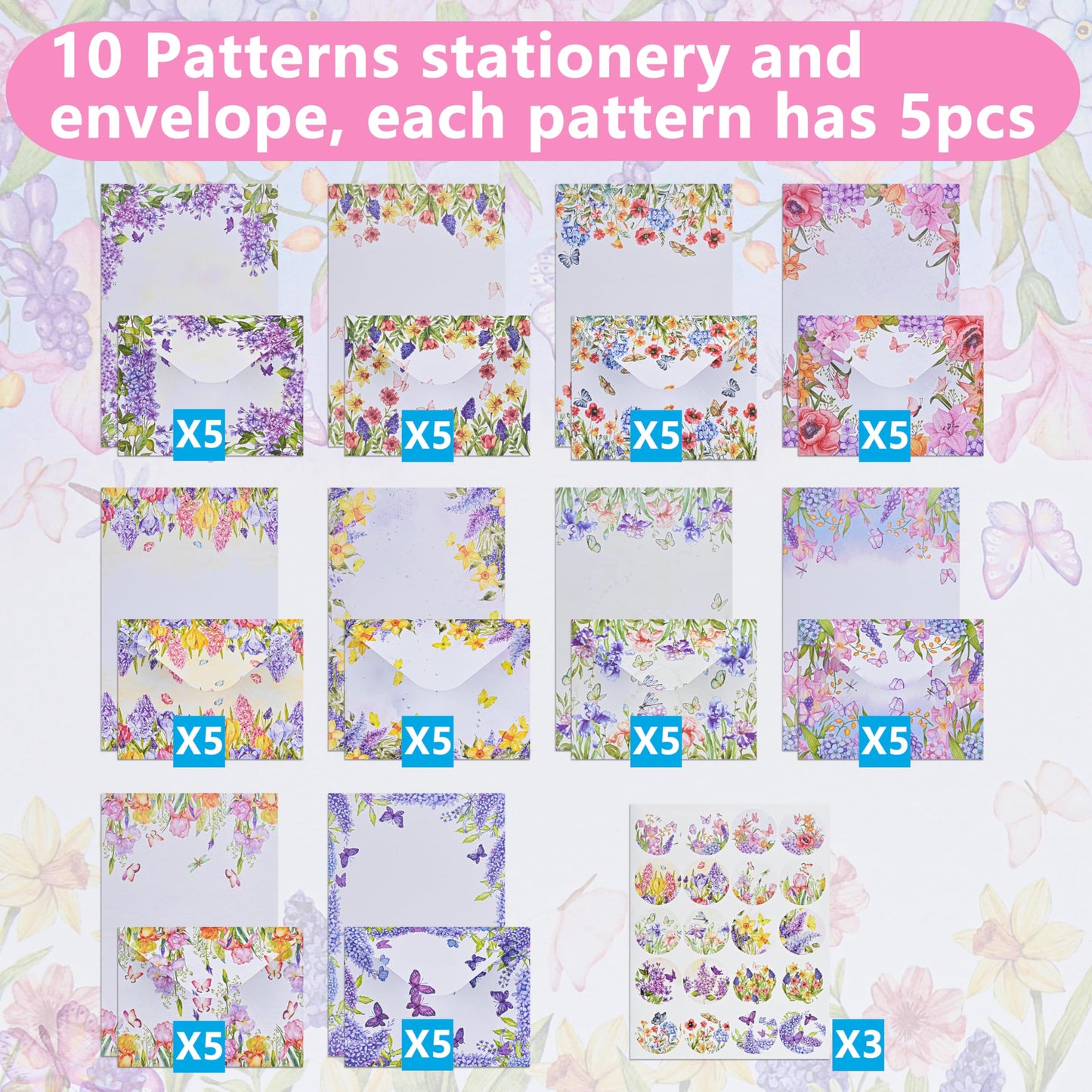 AUSTARK 160 Pieces Stationery Set (50 Pieces Stationery Paper 8.25 x 5.5 Inch, 50 Pieces Envelopes, 60 Sealed Stickers) for Letter Writing (Floral No-underline)