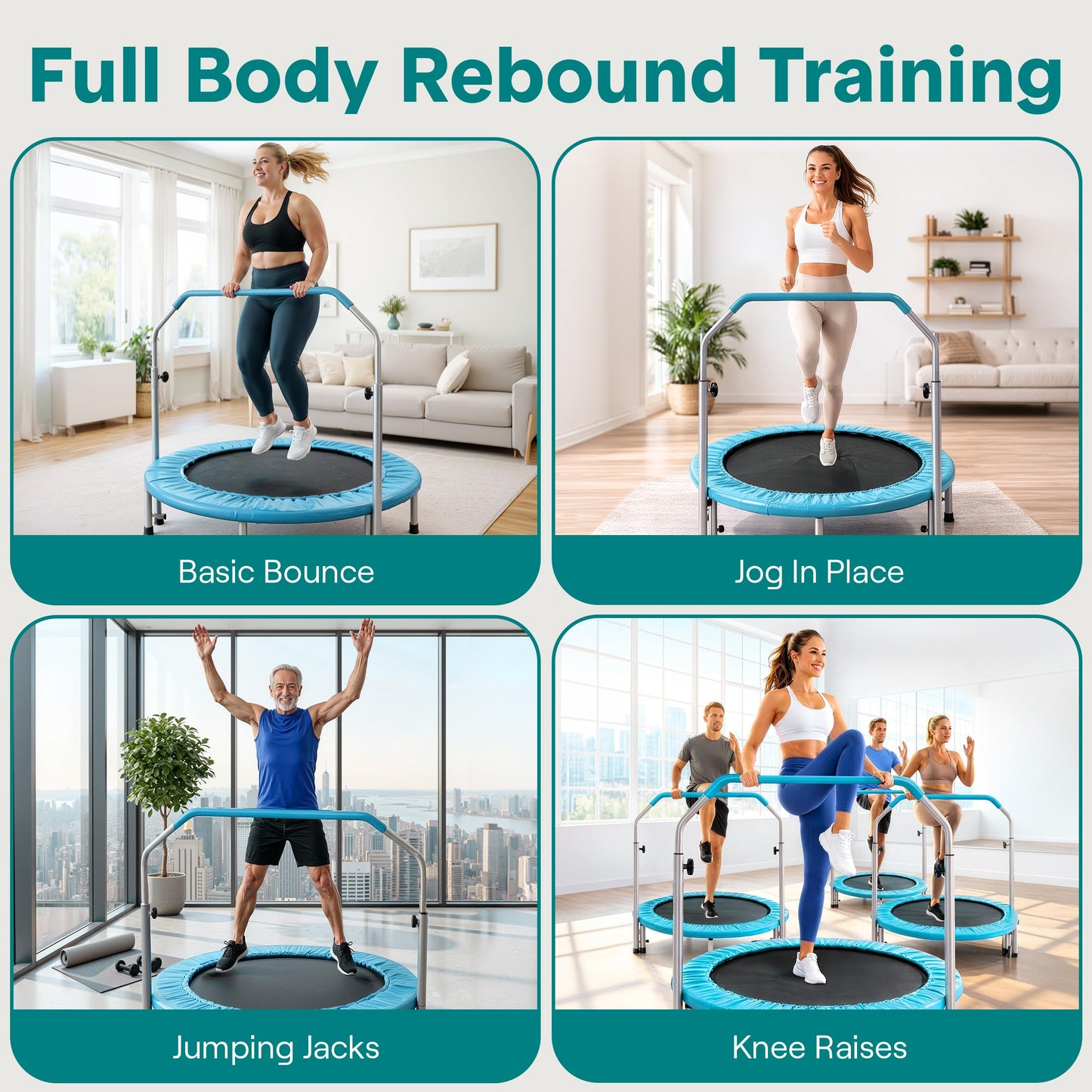 SereneLife 40" Foldable Mini Trampoline - Compact Fitness Trampoline for Kids Adults, Exercise Rebounder with Adjustable Foam Handle, Indoor/Garden Workout Equipment, Max Load 200 lbs, Sky Blue