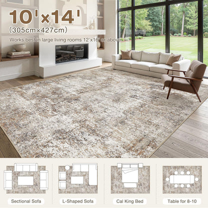 10x14 Area Rugs for Living Room: Washable Large Neutral Abstract Rug Soft Non Slip Stain Resistant Low Pile Indoor Carpet for Bedroom Dining Room Nursery Office Playroom - Brown Grey
