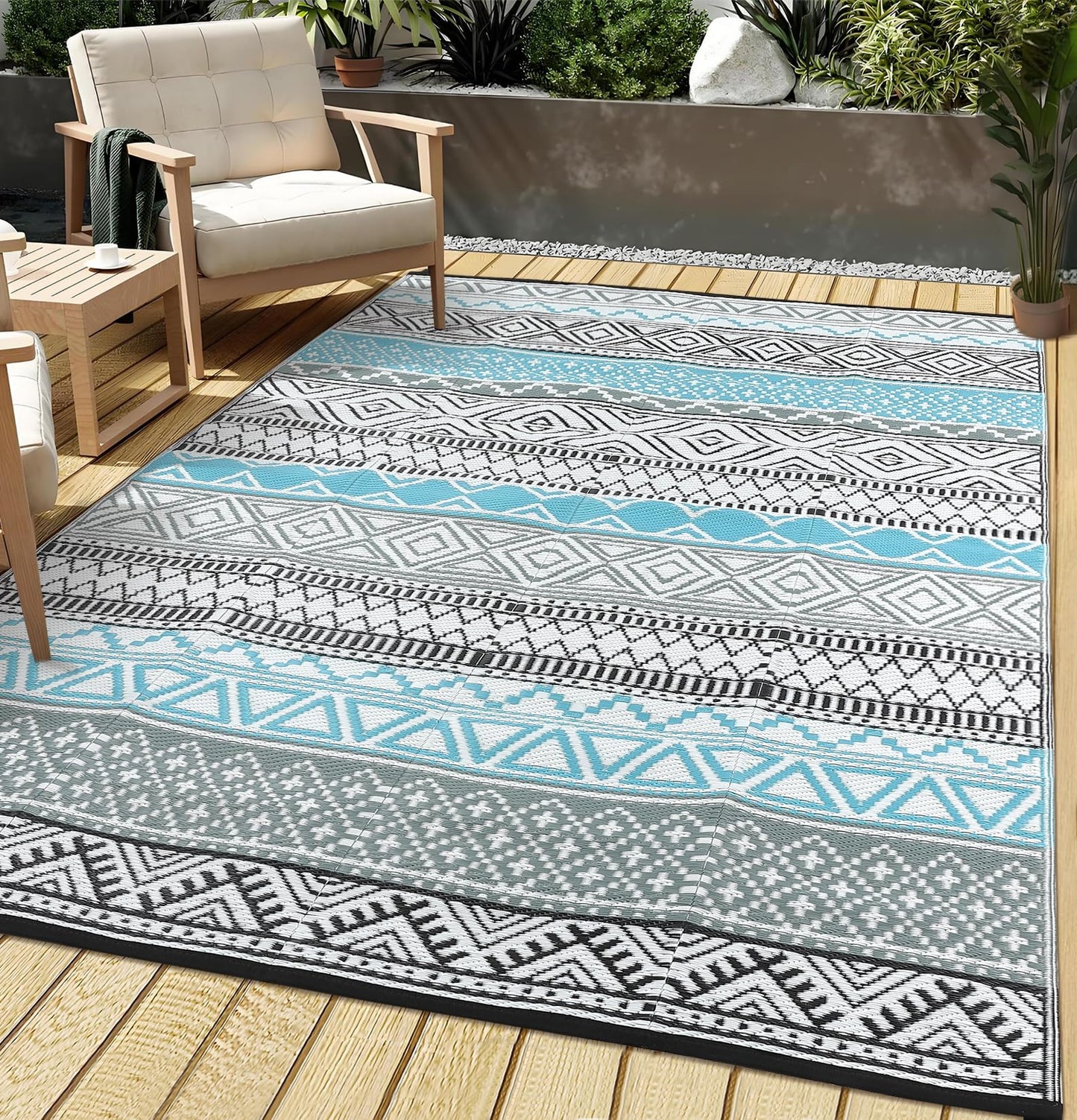 COZYLOOM Outdoor Rug Carpet Waterproof 9x12 ft Reversible Patio Rug Outside Plastic Carpet, Stain & UV Resistant Portable RV Mat Straw Rug for Camping, Backyard, Deck, Picnic, Porch, Blue/Grey